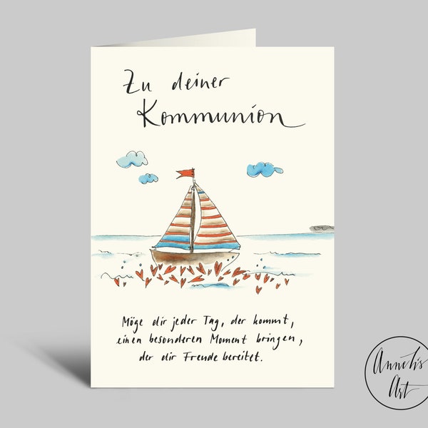 Aquarellkarte zur Kommunion mit Spruch und Segelboot | Klappkarte DIN A6