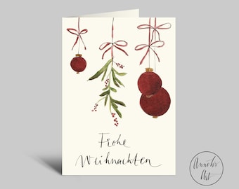 Frohe Weihnachten | Klappkarte mit Umschlag | Weihnachtskarte | Mistelzweig und Kugeln