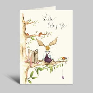 Osterkarte | Hase sitzt mit Kiepe in Baum | Klappkarte mit Umschlag  | Liebe Ostergrüße | Ostern Aquarellmotiv