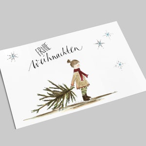 Weihnachtskarte süßes Mädchen mit kleiner Tanne Frohe Weihnachten Postkarte im Querformat Adventskarte Bild 2
