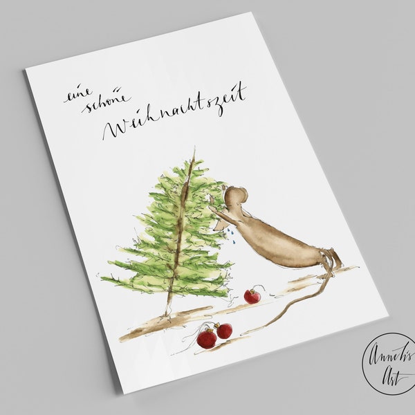 Postkarte | Maus Macki stellt den Weihnachtsbaum auf | Weihnachtskarte