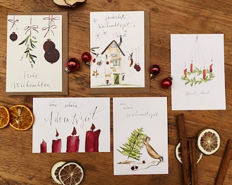 Weihnachtskarten 5er Set | Aquarell-Karten zur Weihnachtszeit | Frohe Adventszeit | Schöne Weihnachtszeit | verschiedene Motive | Sparpaket