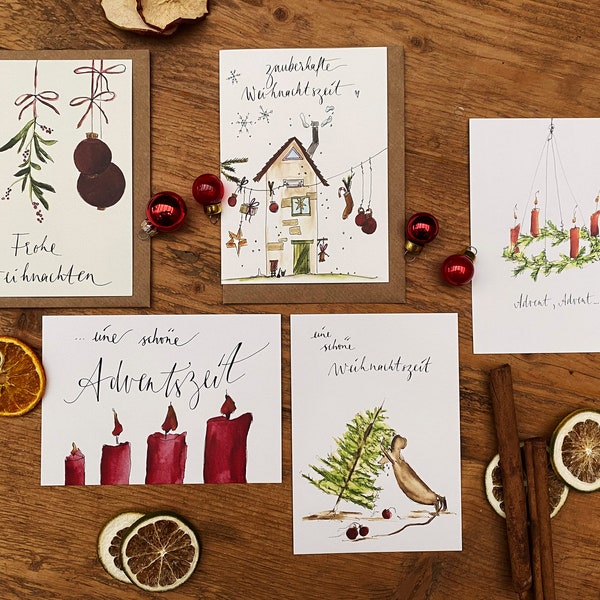 Weihnachtskarten 5er Set | Aquarell-Karten zur Weihnachtszeit | Frohe Adventszeit | Schöne Weihnachtszeit | verschiedene Motive | Sparpaket