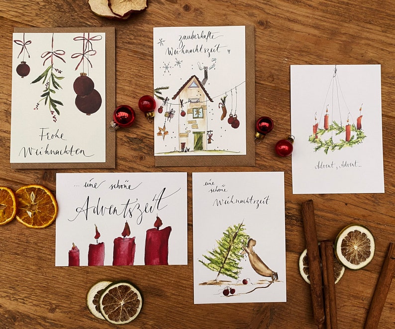 Weihnachtskarten 5er Set Aquarell-Karten zur Weihnachtszeit Frohe Adventszeit Schöne Weihnachtszeit verschiedene Motive Sparpaket Bild 1