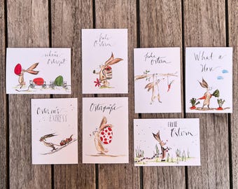 Osterkarten 7er-Set | Sieben Postkarten zu Ostern | Süße und Lustige Aquarellkarten mit Osterhase | Vorteilspack