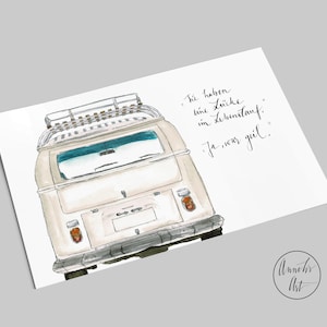 Postkarte | grauer Bulli mit Spruch | Lücke im Lebenslauf? Ja, war geil! | Vanlife-Karte