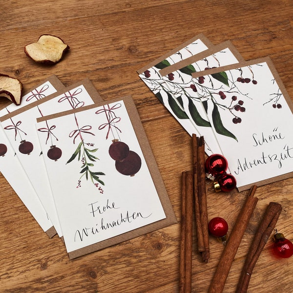 Weihnachtskarten Multi-Pack| Weinrote Weihnachtsgrüße | 3 x Frohe Weihnachten - UND 3 x Schöne Weihnachtszeit | Klappkarten mit Umschlag