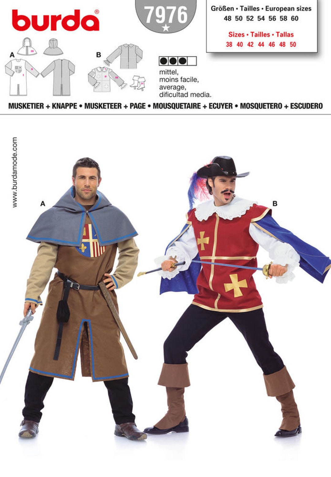Burda 7976 Men's 18th Century Musketeer Costume Sewing Pattern (all ...