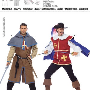 May include: A sewing pattern for two different historical costumes. The first costume is a brown tunic with a blue and white collar and a blue and white cape. The second costume is a red tunic with a white collar and a blue cape. Both costumes feature a gold cross on the chest. The pattern is for sizes 38 to 50 and 48 to 60.
