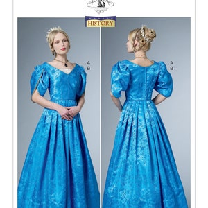 Puede incluir: Un patrón de costura para un vestido azul con un corpiño ajustado y una falda completa. El patrón es para un vestido con mangas abullonadas y un escote en V. El patrón es de Butterick Making History y está etiquetado como B6501.