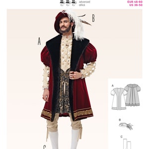 Burda 6887 English Tudor Men&#39;s Greatcoat & Hat Costume Sewing Pattern (All Sizes US 36-50 / Eur 46-60) New/Uncut