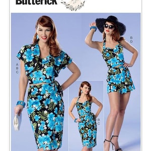 Puede incluir: Patrón de costura Butterick B6354. La imagen muestra tres conjuntos: un traje de falda, un top halter y falda, y un conjunto de top halter y pantalones cortos. Todos son negros con estampado floral azul. Para costura.