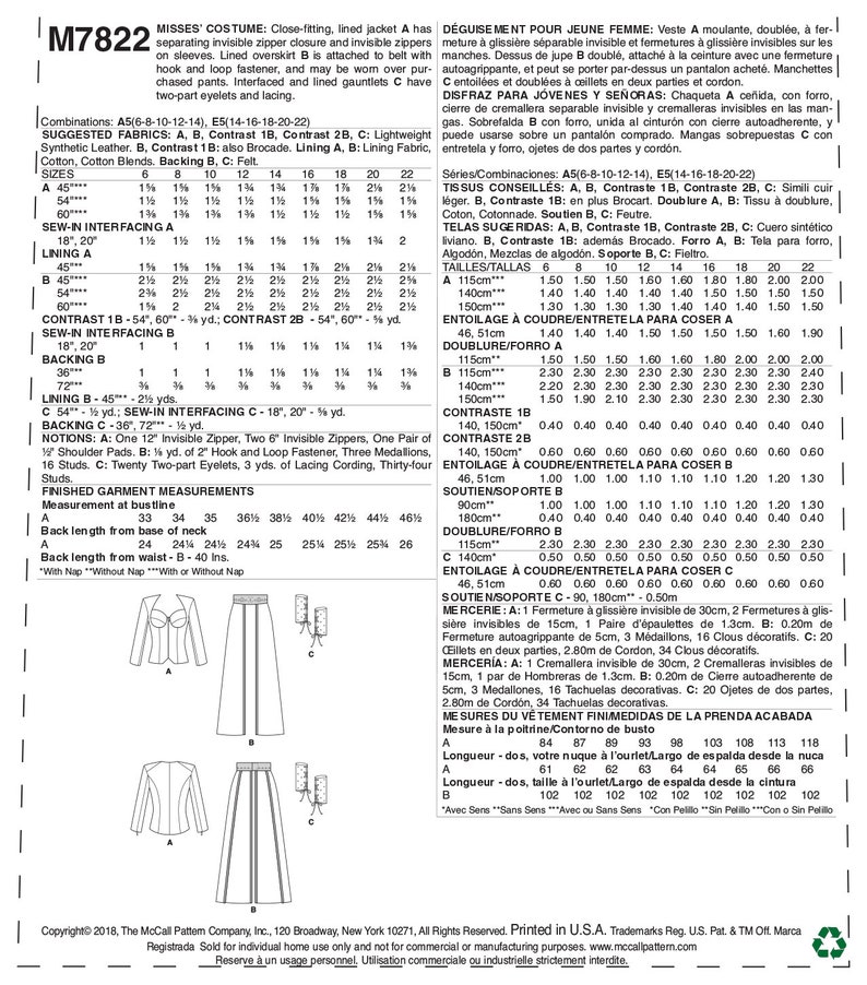 Patrón Costura McCall's M7821 - Tallas 38-44, Chaleco Con Botones Y Cordones