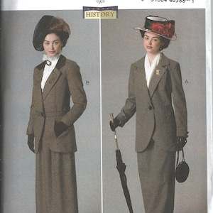 May include: A vintage sewing pattern for a women's suit. The pattern is from Butterick and is for sizes 6-8-10-12-14. The pattern includes a jacket and skirt. The model is wearing a brown suit with a white blouse and a black hat. The pattern is called "Making History".