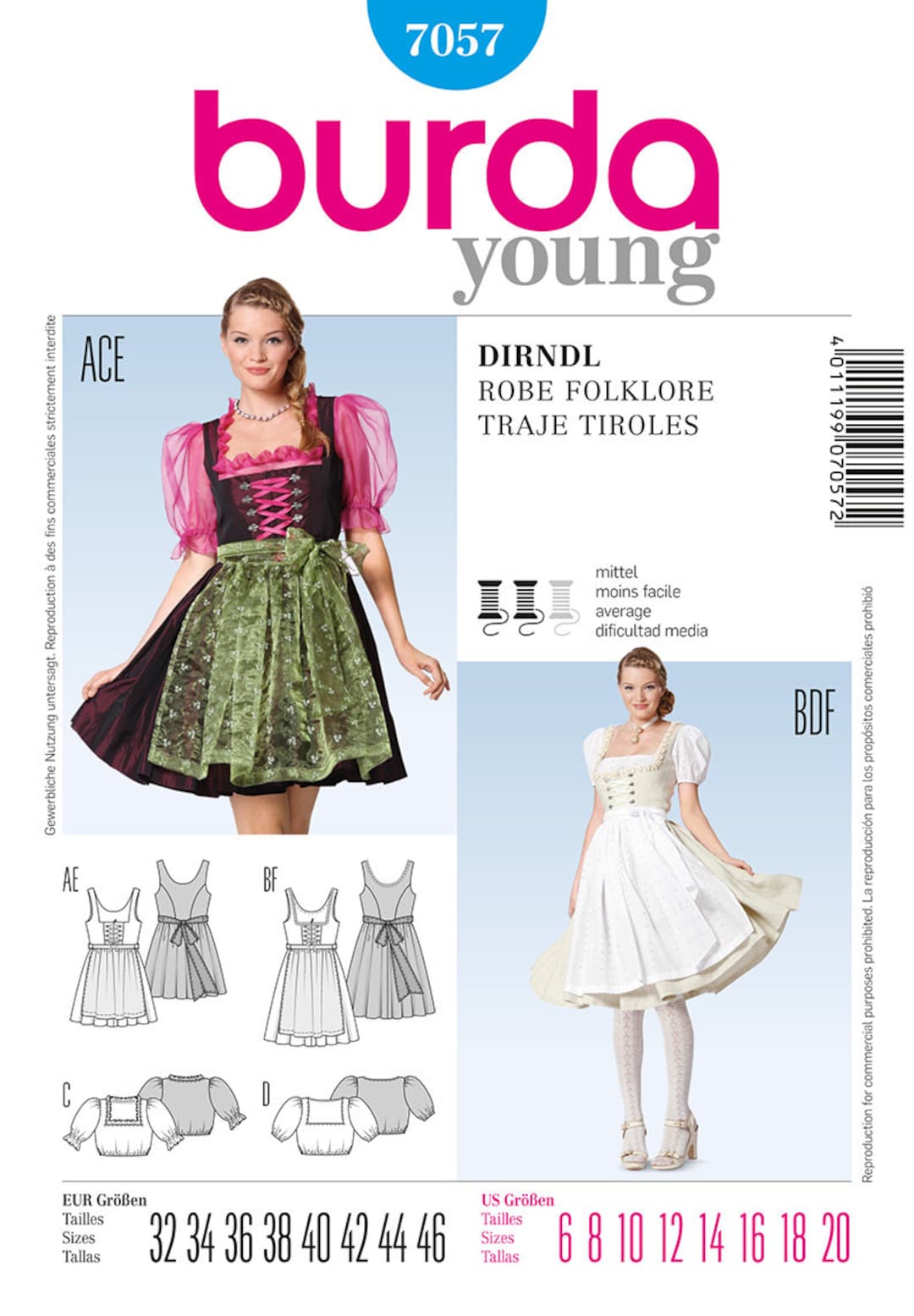 Burda Young 7057 DIRNDL Folk Costume Sewing Pattern all Sizes US 6-20 ...