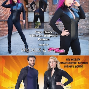 May include: Two people wearing black and blue bodysuits with zippers. The text "Yaya Han's Ultimate Bodysuit Pattern" is in the center of the image. The text "made by McCall's & Yaya Han" is below the text "Ultimate Bodysuit Pattern". The text "NEW YAYA HAN ULTIMATE BODYSUIT PATTERNS FOR MEN & WOMEN!" is in the center of the image. The text "M7340" is in the bottom left corner of the image. The text "M7341" is in the bottom right corner of the image.