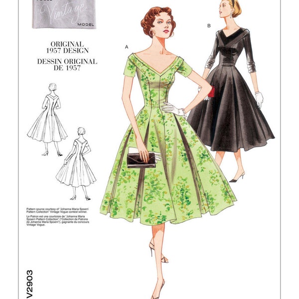 Vogue V2903 OOP Misses Vintage 1957 Misses / Petite V-Neck Fit & Flare Dresses Sewing Pattern (3 Sz: A 6-10 / D 12-16 / FW 18-22) New/Uncut