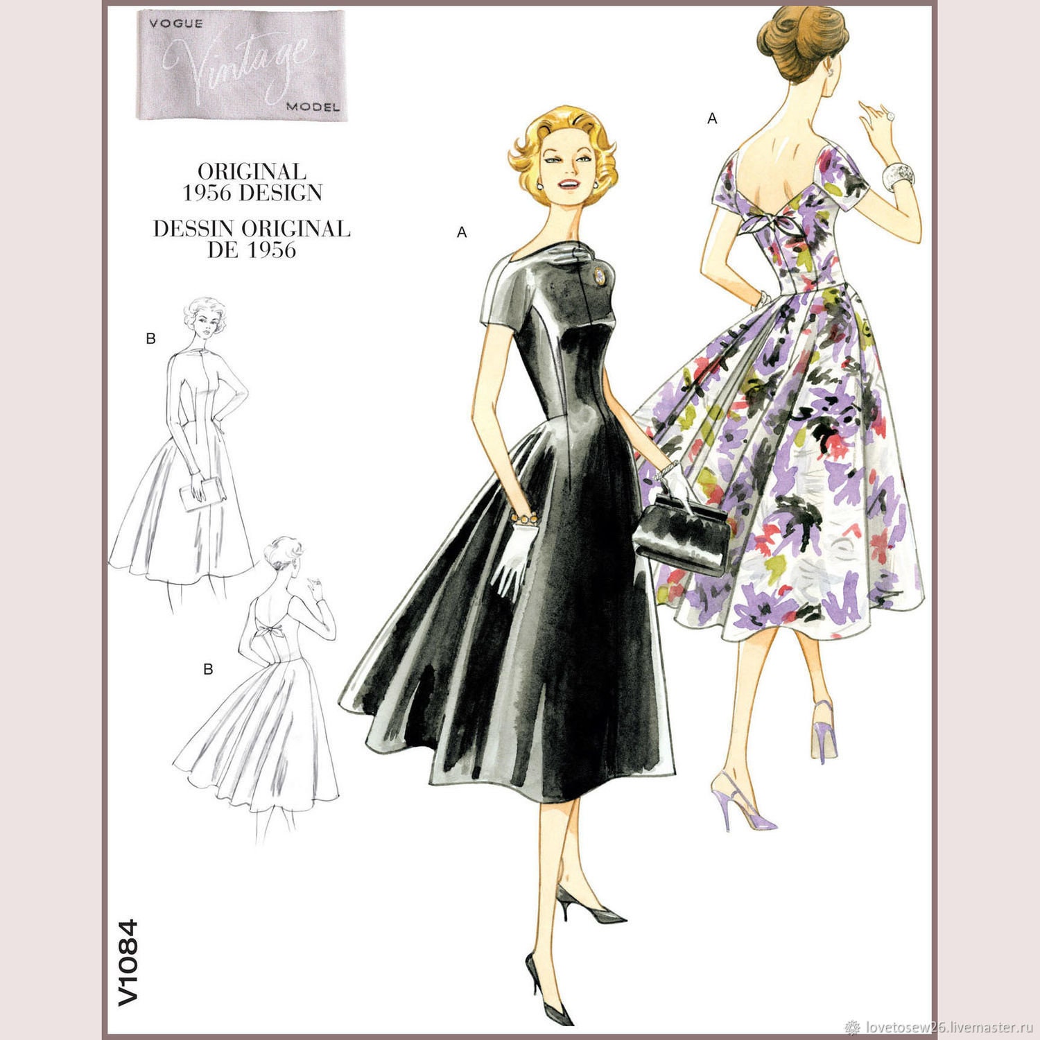 Vogue V1084 OOP Misses' Vintage 1956 Misses' Dress and Belt Sewing Pattern  (Two Sizes: AA 6-12 / EE 14-20) New/Uncut