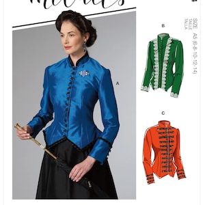 Peut inclure: Un patron de couture pour une veste de style vintage avec une taille cintrée et des manches longues. Le patron comprend trois styles différents : une veste bleue avec des finitions noires, une veste verte avec des finitions en dentelle blanche et une veste rouge avec des finitions noires. Le patron est pour les tailles 6-8-10-12-14. McCall's M8134.