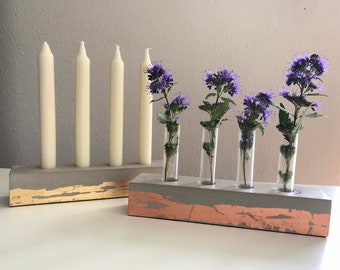 Kerzenhalter mit Blattmetall, Blumenvase "Block" Beton