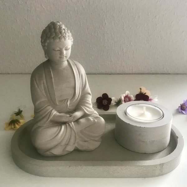 Decorative tray with Buddha statue and tealight holder