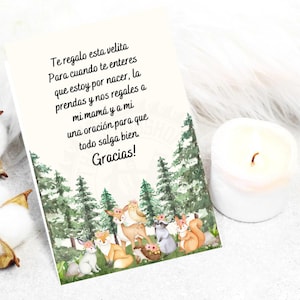 Spanish Baby Shower Card , Spanish Favor Cards, Candle Favors, Recuerdo para Baby Shower,Forest theme, Baby girl Forest, Oracion Para Bebe