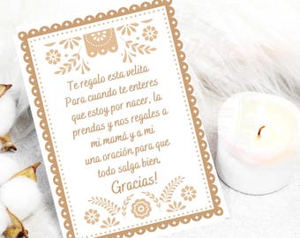 Candle Prayer Card, Shower Favor, Baby Shower Favor, Baby shower Candle Card, Mexican Theme Shower, Cielito Lindo Candle Card, Spanish Card