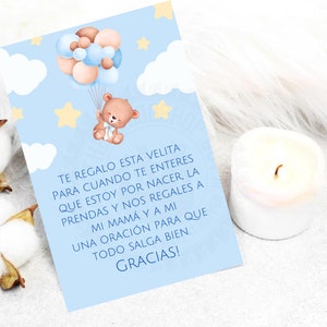 Cartão de chá de bebê espanhol, cartões de lembranças espanhóis, lembrancinhas de velas, lembrança para chá de bebê, oração para bebe, tema de urso azul