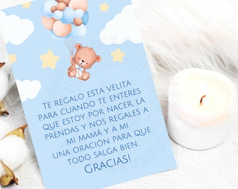 Carta spagnola per la doccia del bambino, Carte bomboniere spagnole, Bomboniere per candele, Recuerdo para Baby Shower, Oracion para Bebe, Tema dell'orso blu