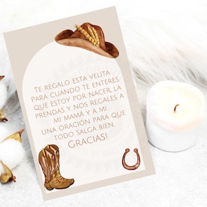 Lembrança espanhola para chá de bebê, cartão de oração com velas, lembrança para chá de bebê, oração para vela, cowboy, tema ocidental, norteno