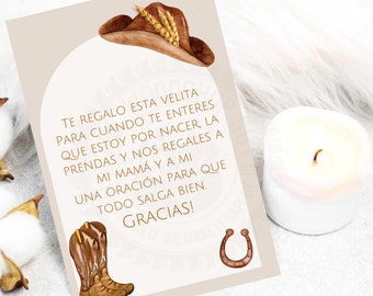 Favore doccia bambino spagnolo, biglietto di preghiera candela, Recuerdo para Baby Shower, Oracion para Vela, Cowboy, tema occidentale, Norteno