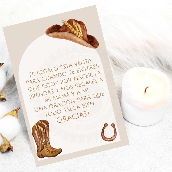 Spanish Baby Shower Favor, Candle Prayer Card, Recuerdo para Baby Shower, Oracion para Vela, Cowboy, Western theme, Norteno