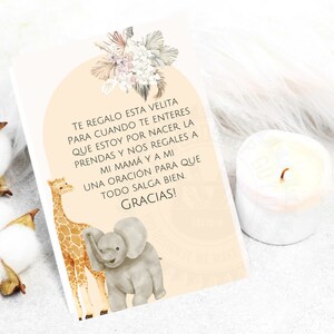 Carta spagnola per la doccia del bambino, Carte bomboniere spagnole, Bomboniere per candele, Recuerdo para Baby Shower, Oracion para Bebe, tema Boho immagine 1