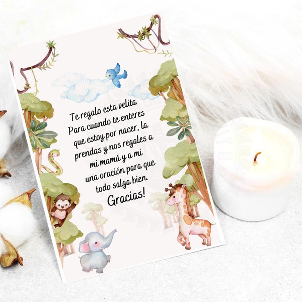Spanish Baby Shower Card , Spanish Favor Cards, Candle Favors, Recuerdo para Baby Shower, Oracion Para Bebe, Baby Jungle Animals
