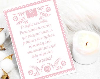 Candle Prayer Card, Recuerdo, Baby Shower Favor, Baby shower Candle Card, Mexican Theme Shower, Cielito Lindo Candle Card, Spanish Card