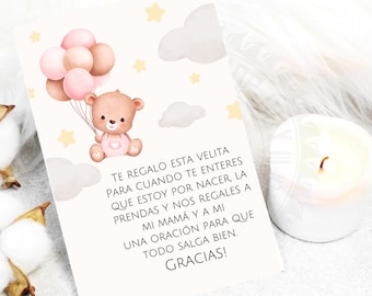 Carta spagnola per la doccia del bambino, Carte di favore spagnole, Bomboniere candele, Recuerdo para Baby Shower, Oracion para Bebe, Tema dell'orso rosa