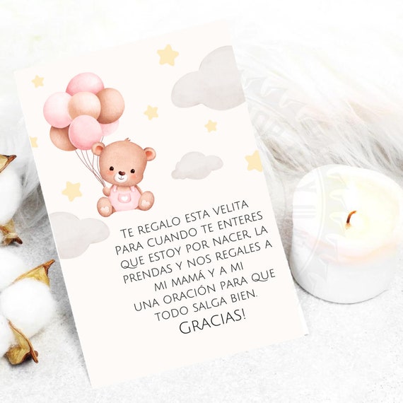 Spanish Baby Shower Card Spanish Favor Cards, Candle Favors, Recuerdo  para Baby Shower, Oracion Para Bebe, Pink Bear Theme