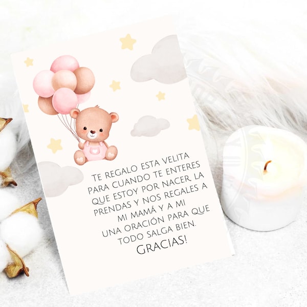Spanish Baby Shower Card , Spanish Favor Cards, Candle Favors, Recuerdo para Baby Shower, Oracion Para Bebe, Pink Bear Theme
