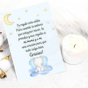 Cartão de chá de bebê espanhol, cartões de lembranças espanhóis, lembrancinhas de velas, lembrança para chá de bebê, oração para bebe, tema elefante bebê