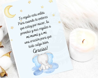Carta spagnola per la doccia del bambino, Carte bomboniere spagnole, Bomboniere per candele, Recuerdo para Baby Shower, Oracion para Bebe, Baby Elephant Theme