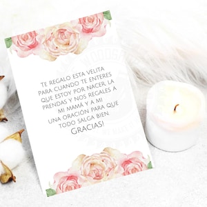 Cartão de chá de bebê espanhol, cartões de lembranças espanhóis, lembrancinhas de velas, lembrança para chá de bebê, oração para bebe, tema de flores, menina