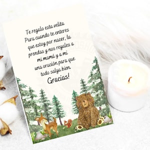Spanish Baby Shower Card , Forest theme, Candle Favors, Recuerdo para Baby Shower, Baby Candle Favor Cards, Oracion Para Bebe