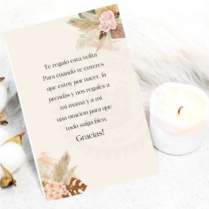 Cartão de chá de bebê espanhol, cartões de lembranças espanhóis, lembrancinhas de velas, Recuerdo para chá de bebê, cartões de lembrancinhas de velas, Oracion Para Bebe, Tema Boho