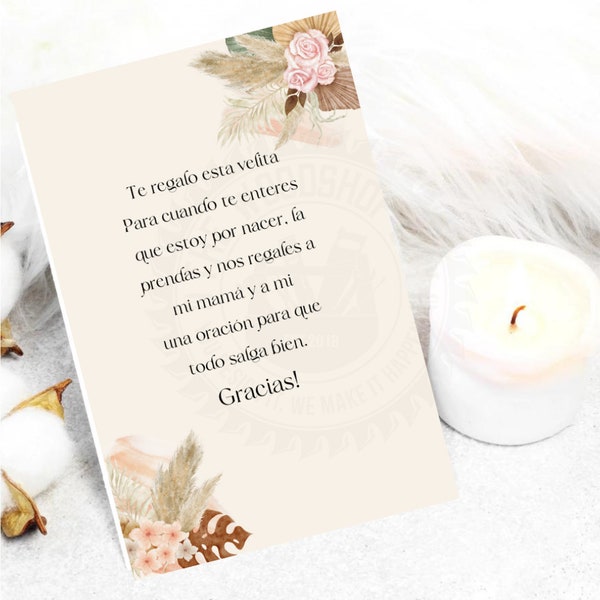 Spanish Baby Shower Card , Spanish Favor Cards, Candle Favors, Recuerdo para Baby Shower, Candle Favor Cards,  Oracion Para Bebe, Boho Theme