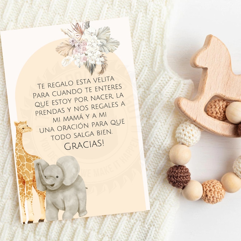 Carta spagnola per la doccia del bambino, Carte bomboniere spagnole, Bomboniere per candele, Recuerdo para Baby Shower, Oracion para Bebe, tema Boho immagine 2