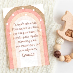 Cartão de oração de vela espanhol, lembrancinha de chá de bebê, lembrancinha de chá de bebê, cartão de vela de chá de bebê, chá de bebê arco-íris, tema Bojo, cartão de oração espanhol