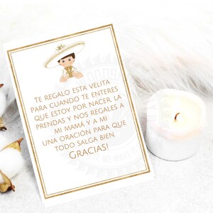 Spanish Baby Shower Card, Spanish Favor Cards, Candle Favors, Recuerdo para Baby Shower, Oracion Para Bebe, Charo Recuerdo
