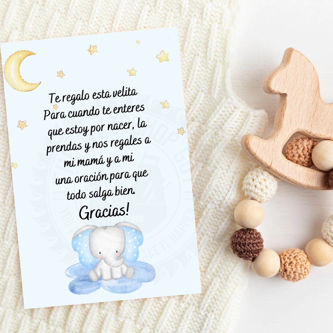 Spanish Baby Shower Card Spanish Favor Cards, Candle Favors, Recuerdo  para Baby Shower, Oracion Para Bebe, Baby Elephant Theme