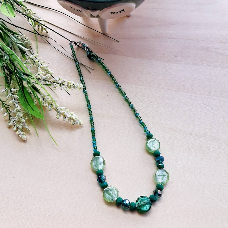 Vibrant Teal Necklace Venetian Beads Necklace Lampwork Handmade Gold Foil Teal Murano Venetian Glass Green Teal Murano Glass Necklace