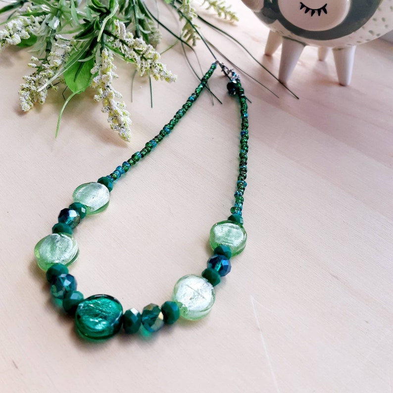 Vibrant Teal Necklace Venetian Beads Necklace Lampwork Handmade Gold Foil Teal Murano Venetian Glass Green Teal Murano Glass Necklace